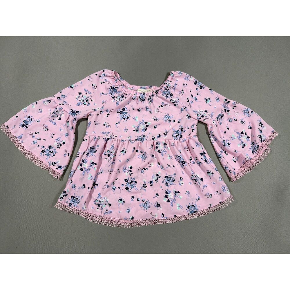 Copper Key Pink Floral Bell Sleeve Babydoll Top Crochet Lace Trim Size S Small